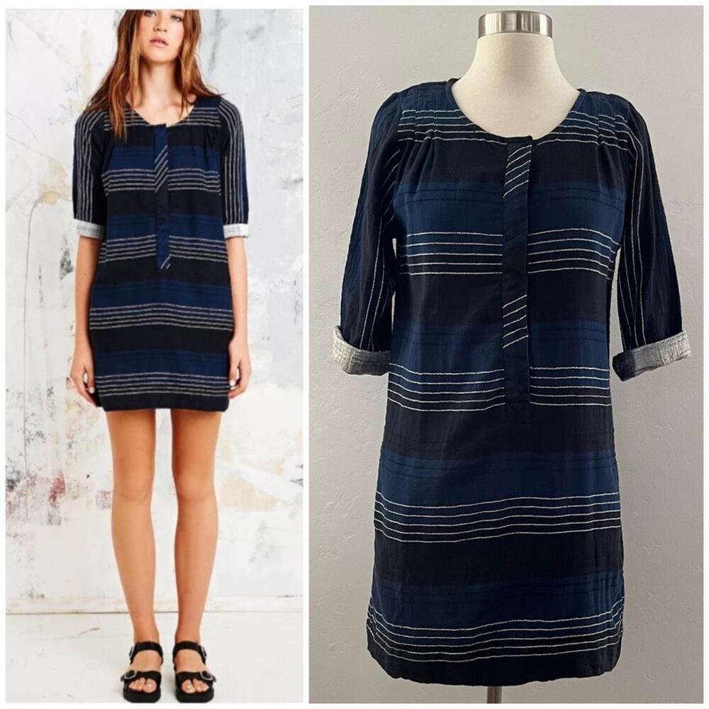 Ace & Jig Atlas Mini Dress Women's XS Blue Striped Metallic Pockets Quiet Luxury